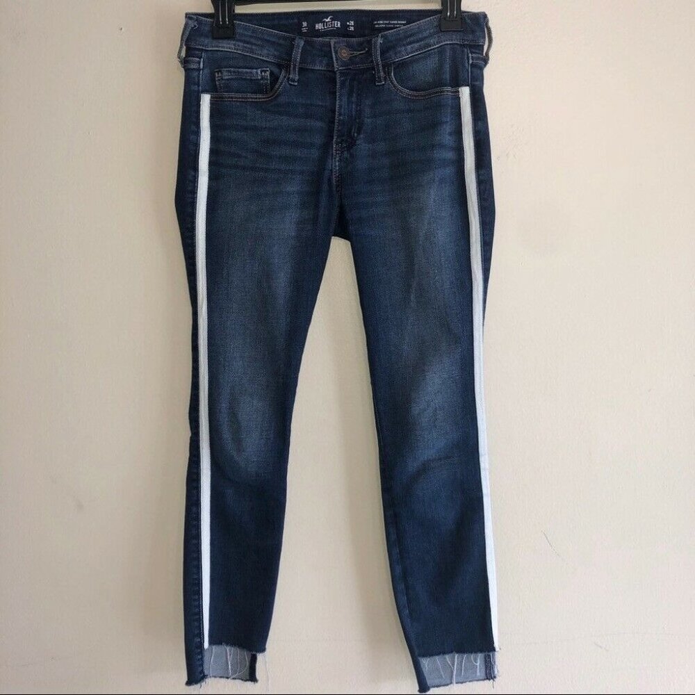 Hollister Ankle Crop Jeans Size 3 High Low Hem White Tuxedo Strap Skinny Leg